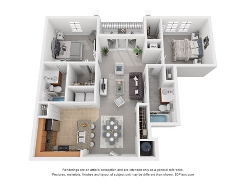 Floor plan for 2 beds, 2 baths, 938 sqft
